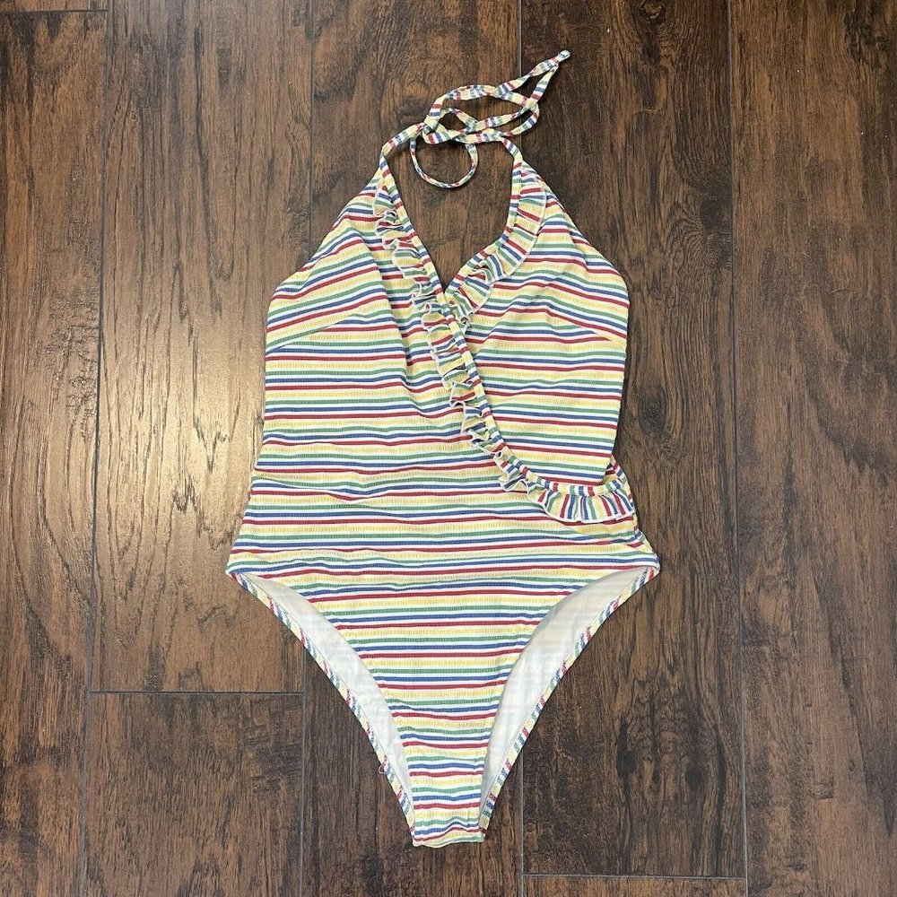 Solid & Striped The Nadine Stripe One-Piece Swimsuit Rainbow Ruffles Size Large